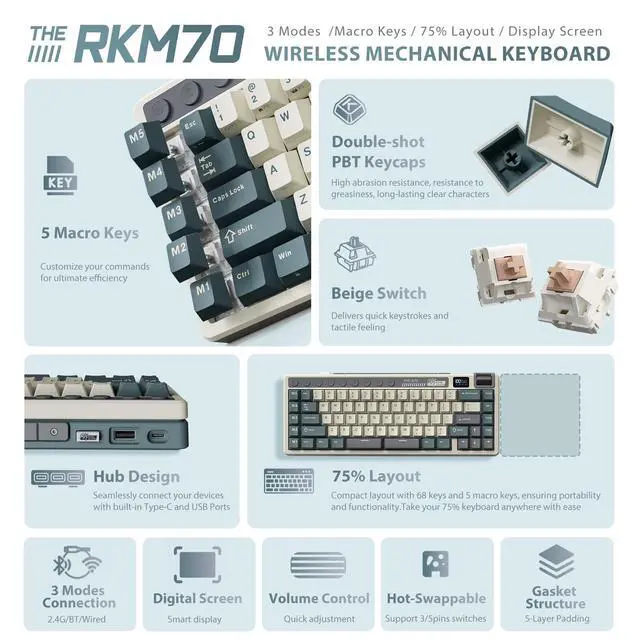 Alt view image 2 of 7 - M70 Wireless Mechanical Keyboard with Macro Keys 2.4GHz/Bluetooth/Wired 75% Gaming Keyboard with 6000mAh Battery Gasket-Mount Display & Knob RGB Hot-Swappable Soft Tactile Beige Switch