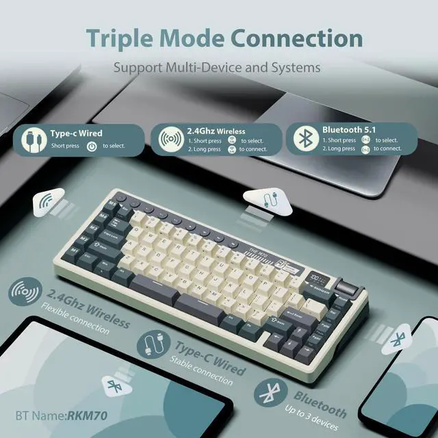 Alt view image 3 of 7 - M70 Wireless Mechanical Keyboard with Macro Keys 2.4GHz/Bluetooth/Wired 75% Gaming Keyboard with 6000mAh Battery Gasket-Mount Display & Knob RGB Hot-Swappable Soft Tactile Beige Switch