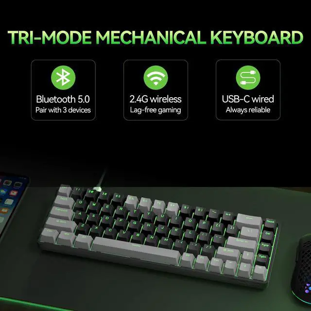 Alt view image 2 of 7 - T68 60% Wireless Mechanical Gaming Keyboard, Tri-Mode BT5.0/2.4GHz/USB-C with Red Linear Switch, RGB Backlight, Anti-Ghosting, Compact 68 Keys, Wired/Wireless, Gray/Black