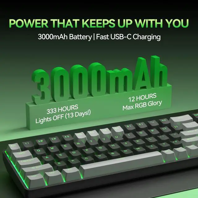Alt view image 6 of 7 - T68 60% Wireless Mechanical Gaming Keyboard, Tri-Mode BT5.0/2.4GHz/USB-C with Red Linear Switch, RGB Backlight, Anti-Ghosting, Compact 68 Keys, Wired/Wireless, Gray/Black