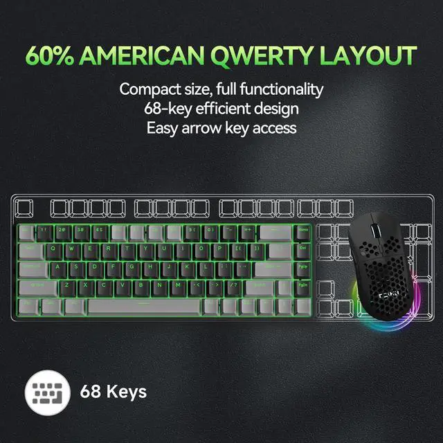 Alt view image 5 of 7 - T68 60% Wireless Mechanical Gaming Keyboard, Tri-Mode BT5.0/2.4GHz/USB-C with Red Linear Switch, RGB Backlight, Anti-Ghosting, Compact 68 Keys, Wired/Wireless, Gray/Black