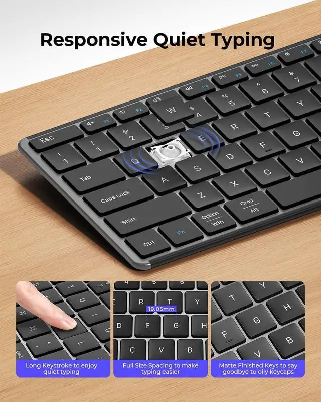 Alt view image 6 of 7 - Wireless Bluetooth Keyboard and Mouse Combo, SKM64-3 Rechargeable Slim Quiet Keyboard Mouse, 3 Multi-Device Connection, Compatible for Windows 11/10 PC Laptop Mac MacBook iPad, Black Gray