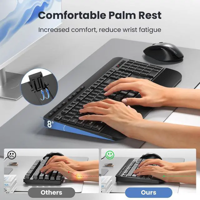 Alt view image 3 of 7 - Ergonomic Wireless Keyboard for Laptop, 2.4G USB Silent Computer Keyboard with Comfortable Palm Rest & Adjustable Feet Stand for Desktop, PC, Notebook, Surface and Windows, Full Size Layout