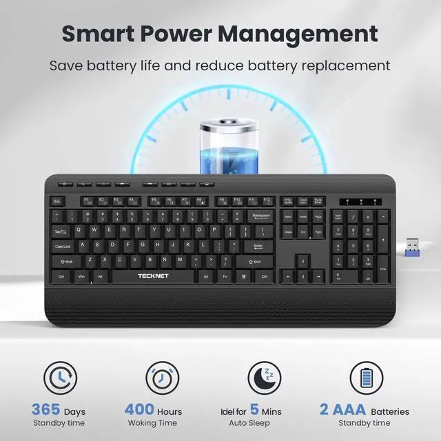 Alt view image 7 of 7 - Ergonomic Wireless Keyboard for Laptop, 2.4G USB Silent Computer Keyboard with Comfortable Palm Rest & Adjustable Feet Stand for Desktop, PC, Notebook, Surface and Windows, Full Size Layout