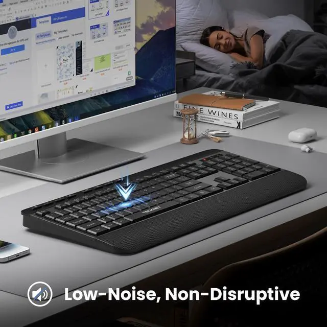 Alt view image 4 of 7 - Ergonomic Wireless Keyboard for Laptop, 2.4G USB Silent Computer Keyboard with Comfortable Palm Rest & Adjustable Feet Stand for Desktop, PC, Notebook, Surface and Windows, Full Size Layout