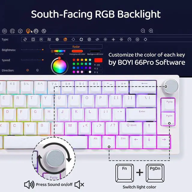 Alt view image 4 of 7 - 66Pro Rapid Trigger Magnetic Switch 65% Mechanical Keyboard,Hall Effect Gasket-Mounted RGB HotSwap Hyper-Fast Adjustable Actuation Wired Compact Gaming Keyboard with Knob(White)