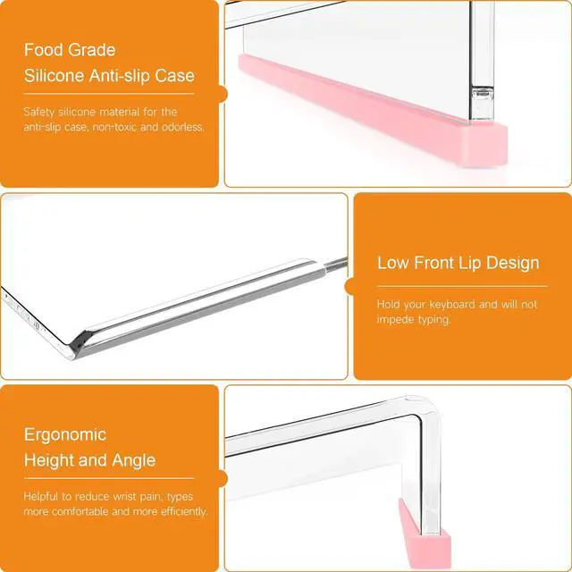 Alt view image 6 of 7 - Ergonomic Computer Keyboard Stand - Clear Acrylic Keyboard Riser Tilted Keyboard Holder Keyboard Tray with Lightpink Non-Slip Strip for Easy Typing at Home School Office Desk Accessories