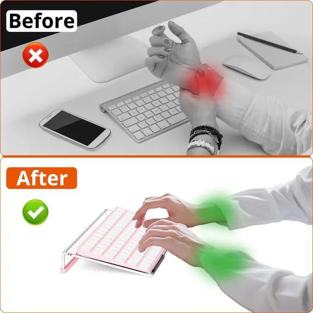 Alt view image 5 of 7 - Computer Keyboard Stand for Desktop, 11.8" Tiny Clear Acrylic Keyboard Riser 78 Keys Compact Keyboard Lift for Desk Ergonomic Short Keyboard Holder Tray with Black and Pink Silicone Strip