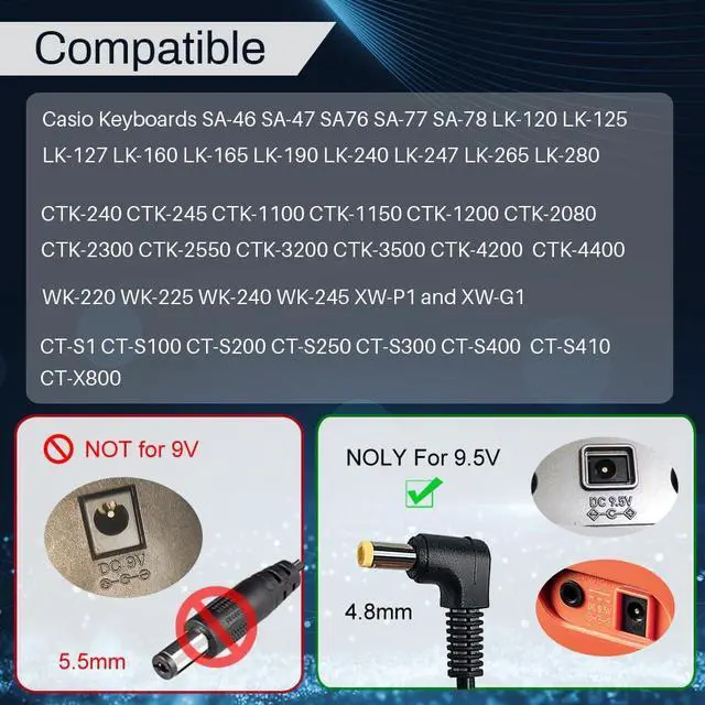 Alt view image 2 of 7 - 9.5V AC/DC Adapter for Casio ADE95100LU - UL Listed Power Supply Charger for Casio Piano Keyboard - Only Compatible for Listed Models (8.4 Ft Long Cord)