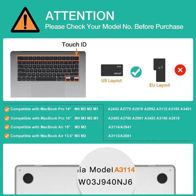 Alt view image 2 of 7 - Keyboard Cover Skin Compatible with MacBook Air 15 inch M3 A3114 M2 A2941/Air 13.6 A3113 A2681/Pro 14/16 M4 M3 M2 M1, Black