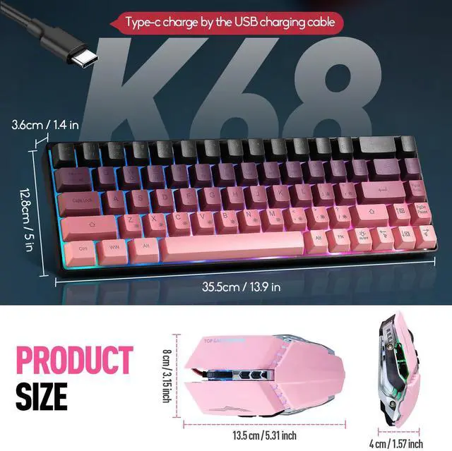 Alt view image 3 of 7 - Wired 60% Gaming Keyboard and Mouse Combo, Ultra-Compact 61 Keys RGB Backlit Mini Keyboard, Lightweight 3200 DPI Optical, Wired Gaming Set for Windows,PC, MAC PS5 Xbox Gamer(BlackBerry Pink)