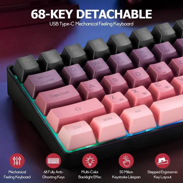 Alt view image 5 of 7 - Wired 60% Gaming Keyboard and Mouse Combo, Ultra-Compact 61 Keys RGB Backlit Mini Keyboard, Lightweight 3200 DPI Optical, Wired Gaming Set for Windows,PC, MAC PS5 Xbox Gamer(BlackBerry Pink)