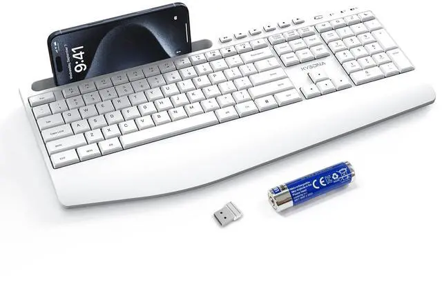 Main image of 5th Gen Wireless Keyboard,2.4G Full-Sized Cordless Ergonomic Keyboard with Wrist Rest, Phone ipad Holder, Adjustable Angle, Compatible with Laptop/PC/Mac/Windows, White