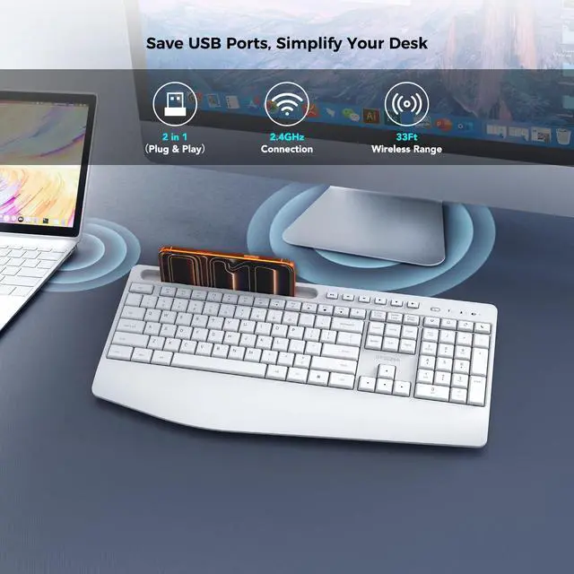 Alt view image 3 of 6 - 5th Gen Wireless Keyboard,2.4G Full-Sized Cordless Ergonomic Keyboard with Wrist Rest, Phone ipad Holder, Adjustable Angle, Compatible with Laptop/PC/Mac/Windows, White