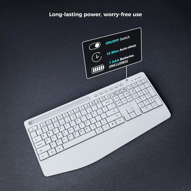 Alt view image 4 of 6 - 5th Gen Wireless Keyboard,2.4G Full-Sized Cordless Ergonomic Keyboard with Wrist Rest, Phone ipad Holder, Adjustable Angle, Compatible with Laptop/PC/Mac/Windows, White
