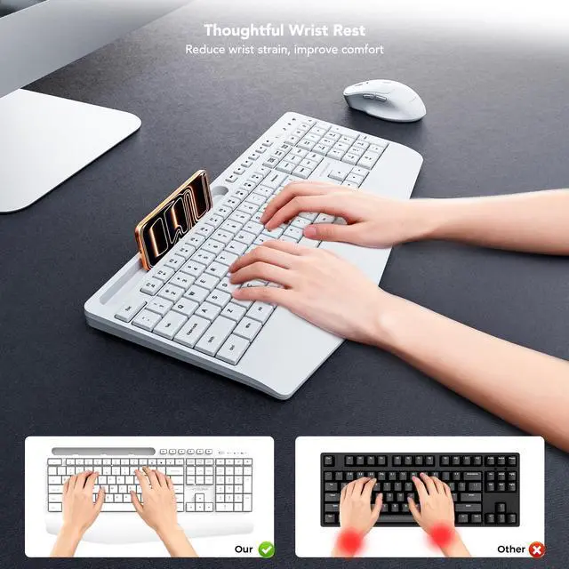 Alt view image 2 of 6 - 5th Gen Wireless Keyboard,2.4G Full-Sized Cordless Ergonomic Keyboard with Wrist Rest, Phone ipad Holder, Adjustable Angle, Compatible with Laptop/PC/Mac/Windows, White