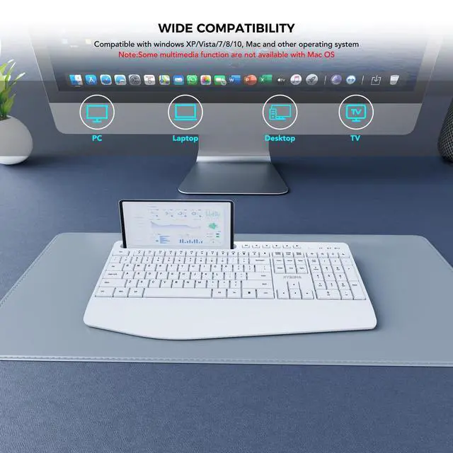 Alt view image 5 of 6 - 5th Gen Wireless Keyboard,2.4G Full-Sized Cordless Ergonomic Keyboard with Wrist Rest, Phone ipad Holder, Adjustable Angle, Compatible with Laptop/PC/Mac/Windows, White