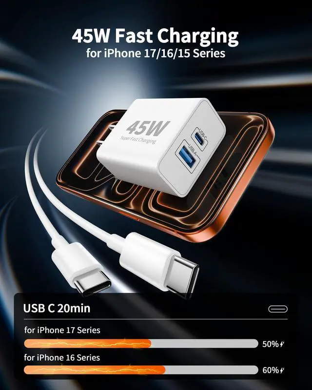 Alt view image 2 of 6 - iPhone 17 16 15 Charger Fast Charging, 2-Pack 45W Dual Port USB C Super Fast Charger Block with 10FT Long Type C Cable Cord for iPhone 17/17 Pro Max/16/15 Pro Max/Plus, iPad Power Adapter Cube