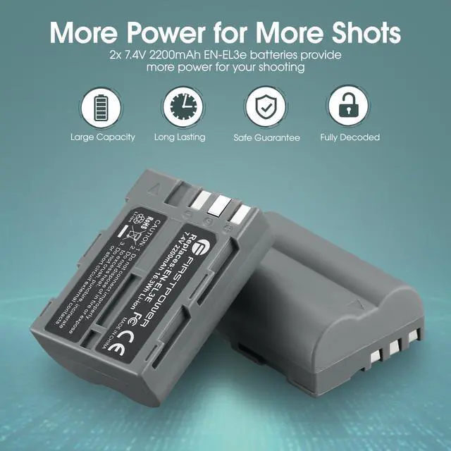 Alt view image 2 of 7 - EN-EL3e Battery 2-Pack 2200mAh and Dual USB Charger Compatible with Nikon D50, D70, D70s, D80, D90, D100, D200, D300, D300S, D700 Digital SLR Cameras