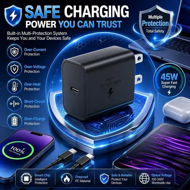 Alt view image 7 of 7 - 2Pack 45W USB C Super Fast Charger for Samsung Galaxy S26 Ultra/S26+/S26/S25/S24, PD PPS Fast Charging Block with 2X 10FT USB C to USB C Cable, Type C Wall Charger for iPhone 17/16/15, iPad