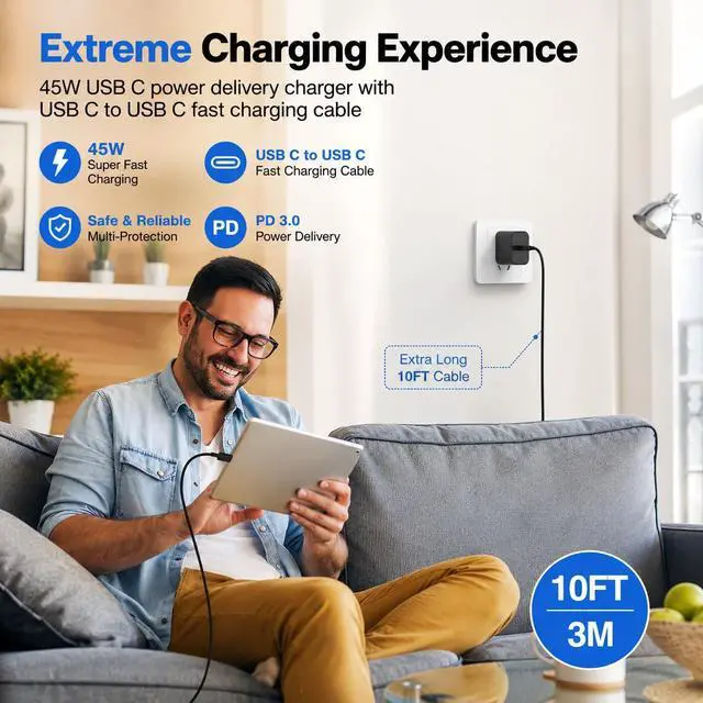 Alt view image 3 of 7 - 2Pack 45W USB C Super Fast Charger for Samsung Galaxy S26 Ultra/S26+/S26/S25/S24, PD PPS Fast Charging Block with 2X 10FT USB C to USB C Cable, Type C Wall Charger for iPhone 17/16/15, iPad