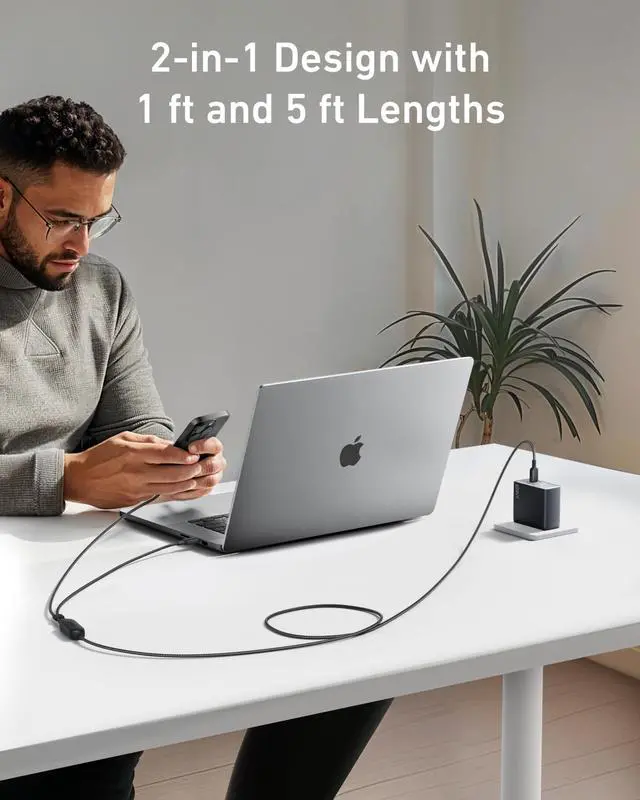 Alt view image 6 of 6 - Cable,6FT 2-in-1 USB C to USB C Cable 140W Max,Fast Charging for iPhone 17/17 Pro Max/16 Series,MacBook Air/Pro,and More(Braided,Black)