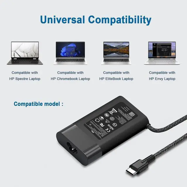 Alt view image 5 of 7 - 65W USB C Laptop Charger Compatible with HP Spectre x360,Envy,Elitebook x360,Pavilion, Elite x2,Chromebook,Omnibook,Dragonfly,Zbook,ProBook Travel Computer Charger USB Type C AC Power Adapter
