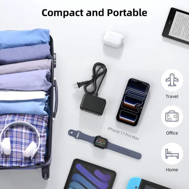 Alt view image 5 of 7 - 6 in 1 USB Charger, 50% Smaller Charging Station for Multiple Devices, 100W Fast Charging Blocks with Type C Ports, USB Charging Hub Organizer Multiport Power Strip for iPhone, Ipad, Kindle, Travel
