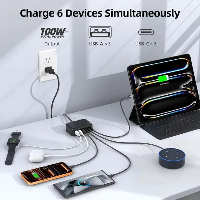 Alt view image 3 of 7 - 6 in 1 USB Charger, 50% Smaller Charging Station for Multiple Devices, 100W Fast Charging Blocks with Type C Ports, USB Charging Hub Organizer Multiport Power Strip for iPhone, Ipad, Kindle, Travel