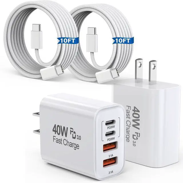 Main image of 10FT iPhone 17 16 15 Pro Charger,2Pack 10Foot USB C to C Woven Cable Cord 40W USB C Apple Charger 4 Port PD&AC Charge Block Fast Charging for iPhone 17 Air/17 16 15 Pro Max/16e/16 Plus/15/15 Pro/iPad