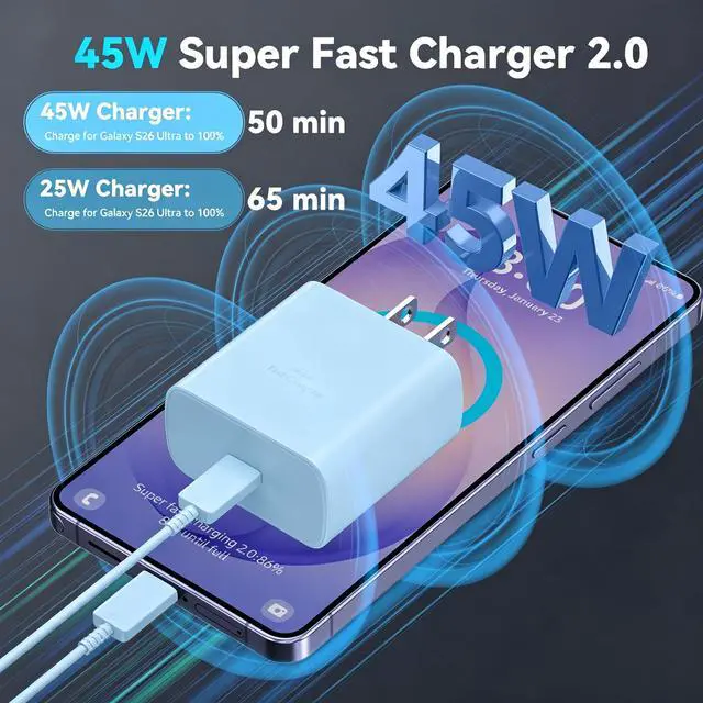 Alt view image 2 of 6 - 45W Super Fast Charger USB C Android Phone Type C Charger Fast Charging Block with 6.6FT Cord for Samsung Galaxy S26/S26 Ultra/S26+/S25 Ultra/S25/S24 Ultra/S24/S23 Ultra/S22/S21/S20/Note 10, Blue