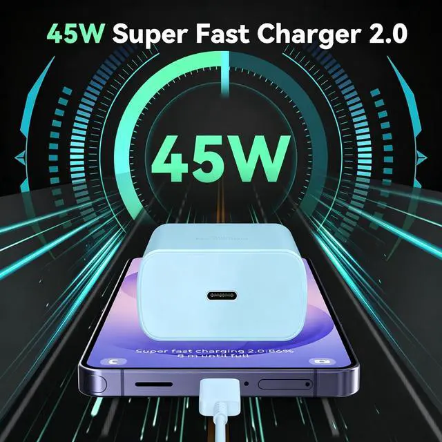 Alt view image 6 of 6 - 45W Super Fast Charger USB C Android Phone Type C Charger Fast Charging Block with 6.6FT Cord for Samsung Galaxy S26/S26 Ultra/S26+/S25 Ultra/S25/S24 Ultra/S24/S23 Ultra/S22/S21/S20/Note 10, Blue