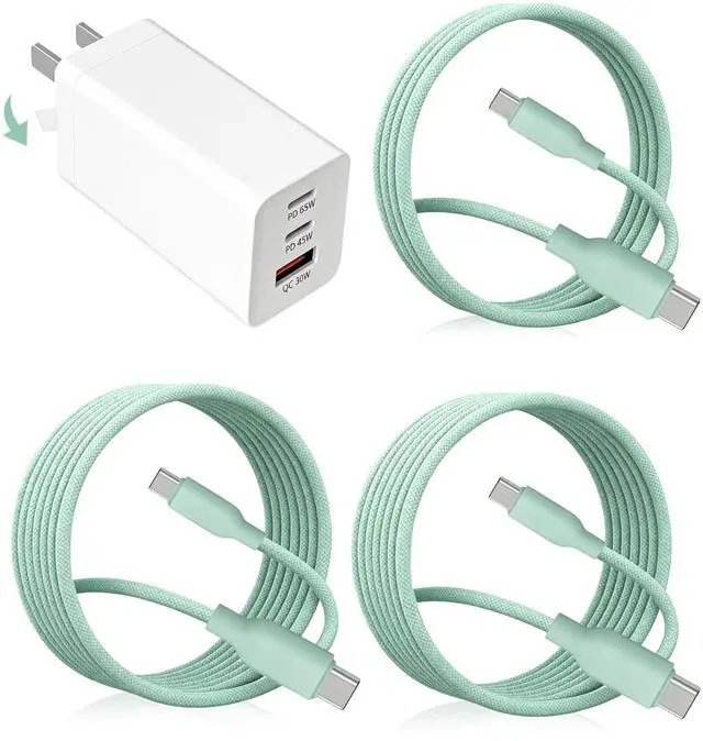 Main image of 65W USB C Fast Charger, 3-Port PD Wall Charger Block with 3 Pack Cables (2x1.2m+1x0.6m), Foldable Travel Adapter for Laptop, Phone, Tablet (Green)