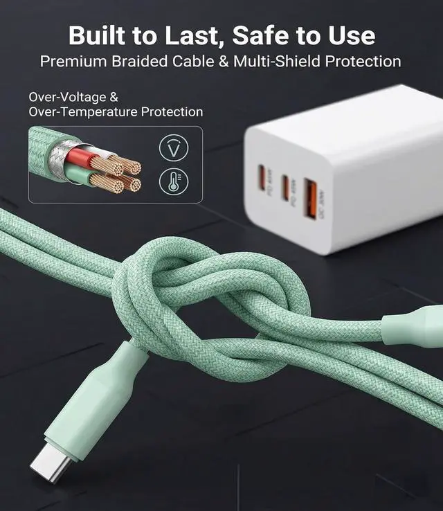 Alt view image 6 of 7 - 65W USB C Fast Charger, 3-Port PD Wall Charger Block with 3 Pack Cables (2x1.2m+1x0.6m), Foldable Travel Adapter for Laptop, Phone, Tablet (Green)