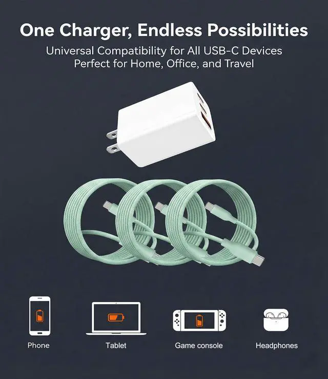 Alt view image 7 of 7 - 65W USB C Fast Charger, 3-Port PD Wall Charger Block with 3 Pack Cables (2x1.2m+1x0.6m), Foldable Travel Adapter for Laptop, Phone, Tablet (Green)