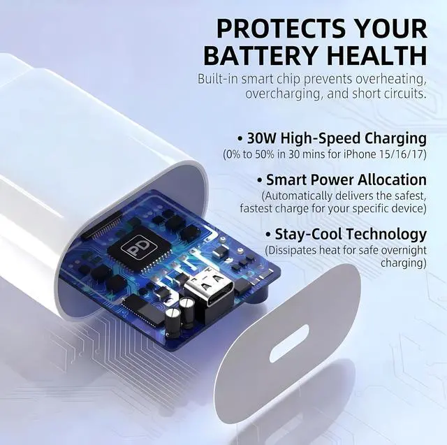 Alt view image 2 of 7 - USB C Charger Block 30W PD Super Fast Charging Block Type C Plug Cube Wall Adapter Power Brick USB C Block for iPhone 17, 17 Air, 17 Pro Max,16,16e,15,14,13,12, 11, iPad, mini, Galaxy S26/S25/S24