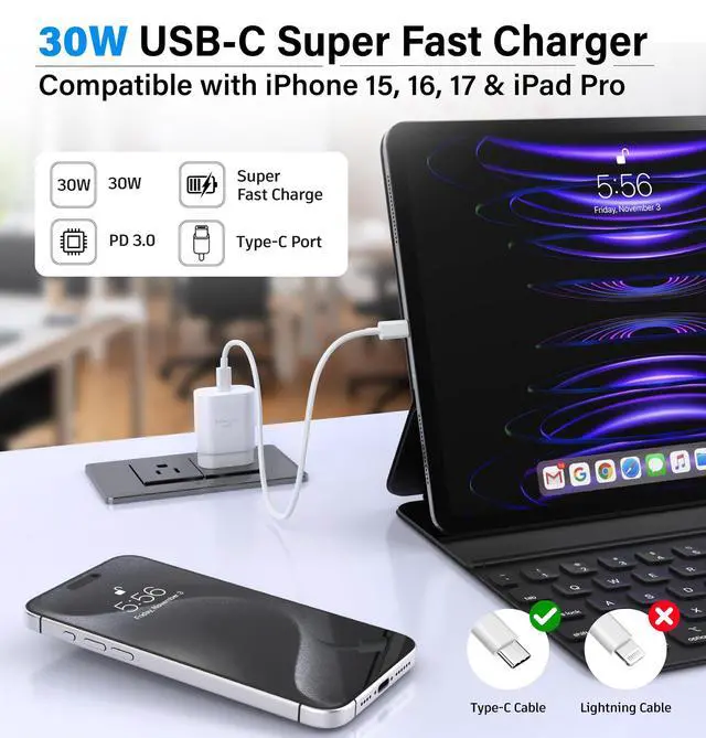 Alt view image 7 of 7 - USB C Charger Block 30W PD Super Fast Charging Block Type C Plug Cube Wall Adapter Power Brick USB C Block for iPhone 17, 17 Air, 17 Pro Max,16,16e,15,14,13,12, 11, iPad, mini, Galaxy S26/S25/S24