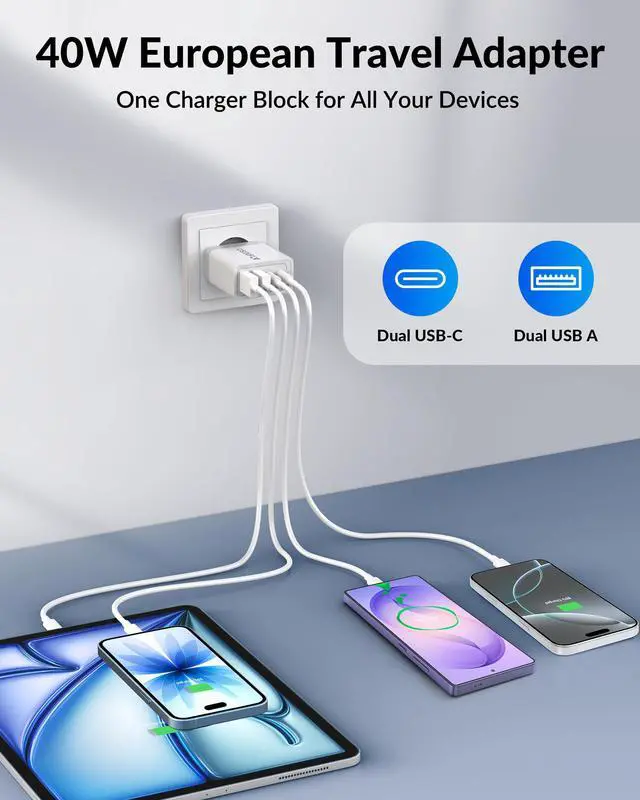 Alt view image 2 of 7 - European Travel Plug Adapter, 40W 4-Port USB C Wall Charger Plug Type C Fast Charging Block International Power Adaptor US to Europe EU for iPhone 17 16 15 14 13 12 11 Pro Max XS, iPad, Galaxy