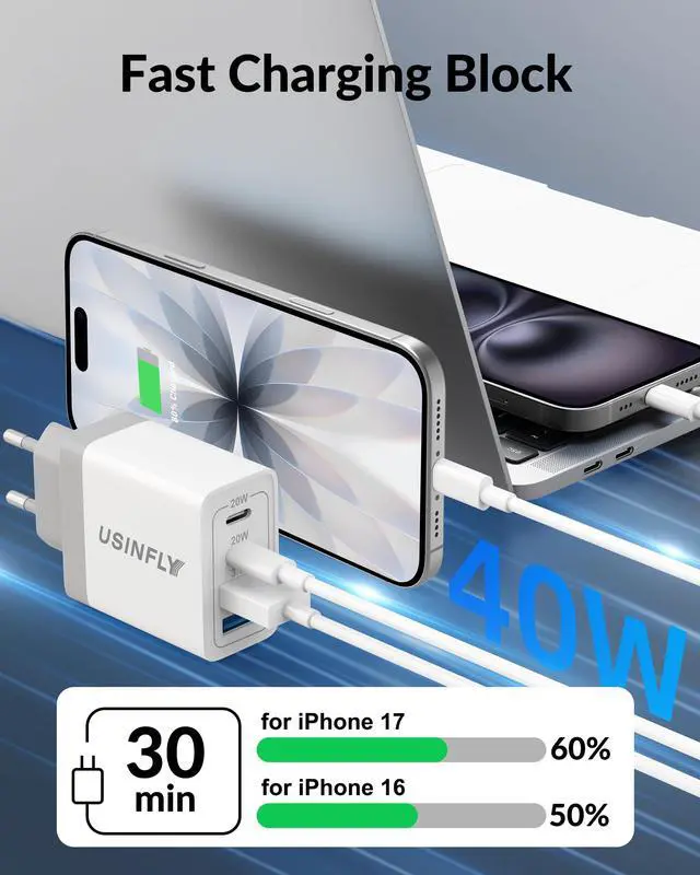 Alt view image 3 of 7 - European Travel Plug Adapter, 40W 4-Port USB C Wall Charger Plug Type C Fast Charging Block International Power Adaptor US to Europe EU for iPhone 17 16 15 14 13 12 11 Pro Max XS, iPad, Galaxy