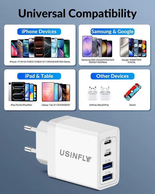 Alt view image 4 of 7 - European Travel Plug Adapter, 40W 4-Port USB C Wall Charger Plug Type C Fast Charging Block International Power Adaptor US to Europe EU for iPhone 17 16 15 14 13 12 11 Pro Max XS, iPad, Galaxy