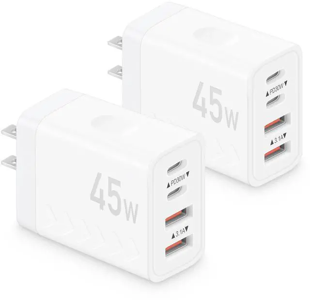Main image of 45W USB C Charger Block | 4-Port Fast Charging Blocks (2 USB-C + 2 USB-A) | PD3.0/QC3.0 Compact Wall Charger Compatible with iPhone 17/16/15/14/13/12/11/X, Galaxy S26/S25/S24/S23, iPad & More (2-Pack)
