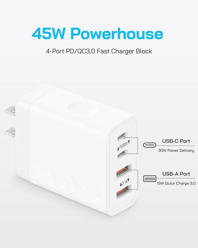 Alt view image 2 of 7 - 45W USB C Charger Block | 4-Port Fast Charging Blocks (2 USB-C + 2 USB-A) | PD3.0/QC3.0 Compact Wall Charger Compatible with iPhone 17/16/15/14/13/12/11/X, Galaxy S26/S25/S24/S23, iPad & More (2-Pack)