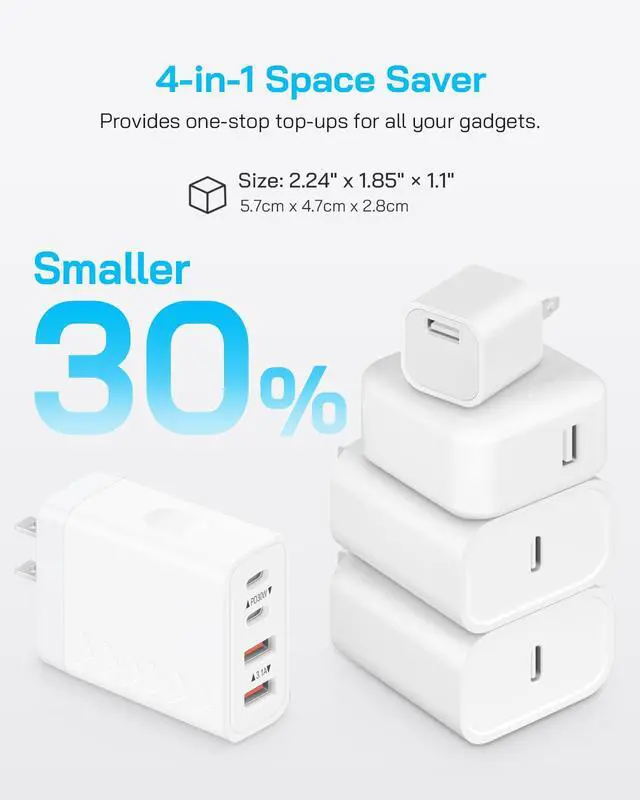 Alt view image 4 of 7 - 45W USB C Charger Block | 4-Port Fast Charging Blocks (2 USB-C + 2 USB-A) | PD3.0/QC3.0 Compact Wall Charger Compatible with iPhone 17/16/15/14/13/12/11/X, Galaxy S26/S25/S24/S23, iPad & More (2-Pack)
