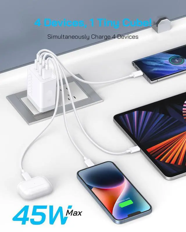 Alt view image 5 of 7 - 45W USB C Charger Block | 4-Port Fast Charging Blocks (2 USB-C + 2 USB-A) | PD3.0/QC3.0 Compact Wall Charger Compatible with iPhone 17/16/15/14/13/12/11/X, Galaxy S26/S25/S24/S23, iPad & More (2-Pack)