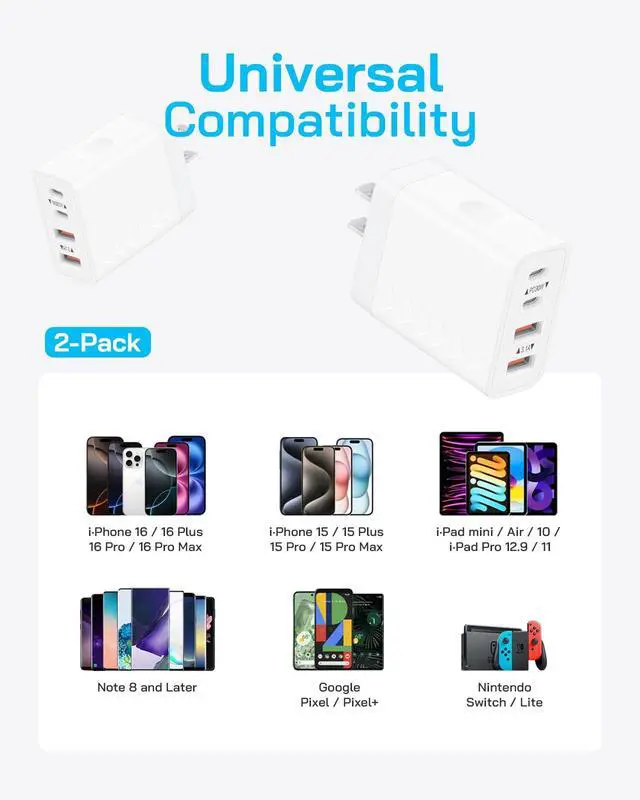 Alt view image 7 of 7 - 45W USB C Charger Block | 4-Port Fast Charging Blocks (2 USB-C + 2 USB-A) | PD3.0/QC3.0 Compact Wall Charger Compatible with iPhone 17/16/15/14/13/12/11/X, Galaxy S26/S25/S24/S23, iPad & More (2-Pack)