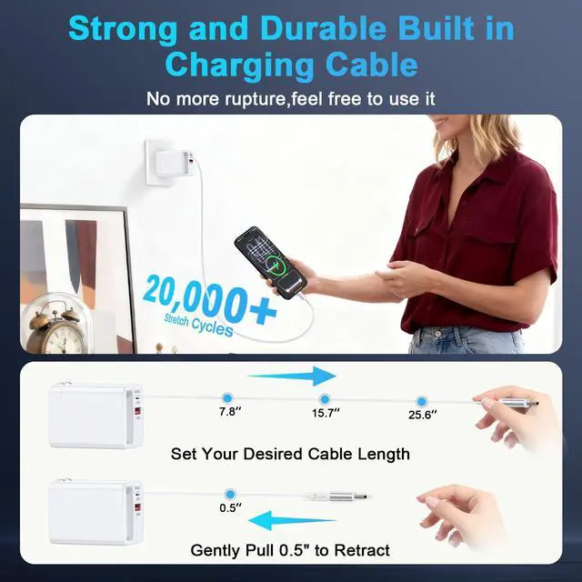Alt view image 4 of 7 - USB C Retractable Wall Charger with Foldable Plug,35W PD&QC Fast Charging Block with 3FT Retractable USB C Cords for iPhone 17 Pro Max/17/Air/16/16 Pro/15 Plus/iPad/Samsung Galaxy S25/S24/Pixel 10/9/8