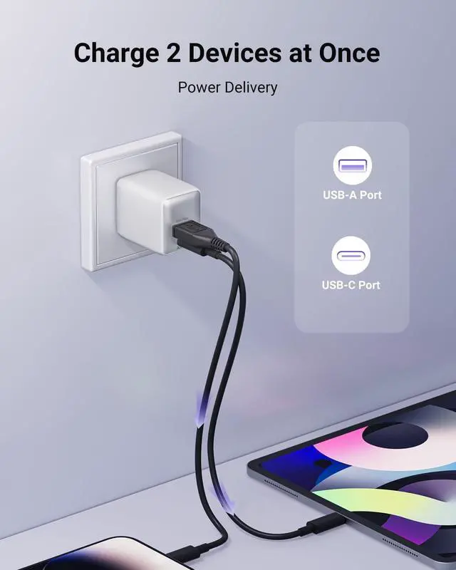 Alt view image 3 of 7 - USB C Fast Charging Charger, 30W Dual-Port GaN Nano Charger with Foldable Plug for iPhone 16/15 Series, iPad, Galaxy S24 Ultra and More Series, (White, 1 Pack)