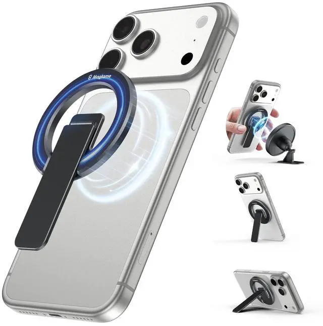Main image of Dual-Sided Magnetic Phone Stand for MagSafe, Adjustable Kickstand Phone Foldable Holder Grip with Strong Magnet Compatible with Car Mounts Gym Equipment for iPhone 17/16/15/14/13 Series, Black