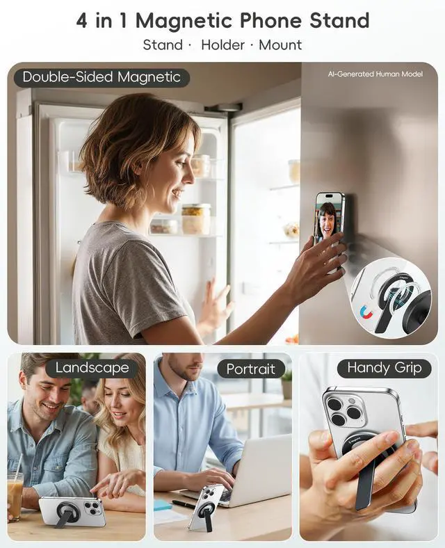 Alt view image 2 of 7 - Dual-Sided Magnetic Phone Stand for MagSafe, Adjustable Kickstand Phone Foldable Holder Grip with Strong Magnet Compatible with Car Mounts Gym Equipment for iPhone 17/16/15/14/13 Series, Black