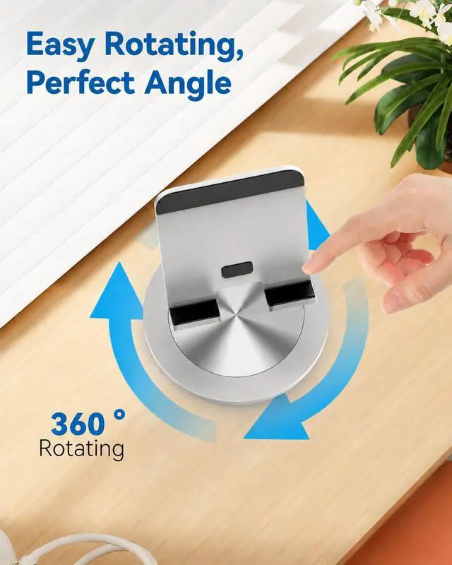 Alt view image 3 of 7 - Phone Stand for Desk, 360° Rotating Dual Adjustable Foldable Holder, Heavy Solid All-Aluminum Base Anti-Slip Stable Support for Home Office Study, Fits iPhone Galaxy 4-8" Phones (Silver)